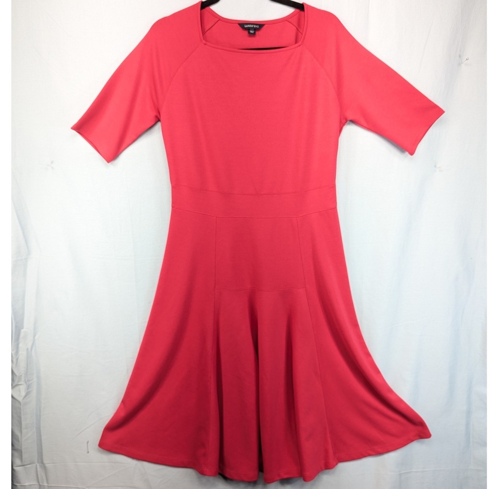 Lands End Coral Red Fit Flare Midi Dress Square Neck‎ 3/4 Sleeve Size M 10-12